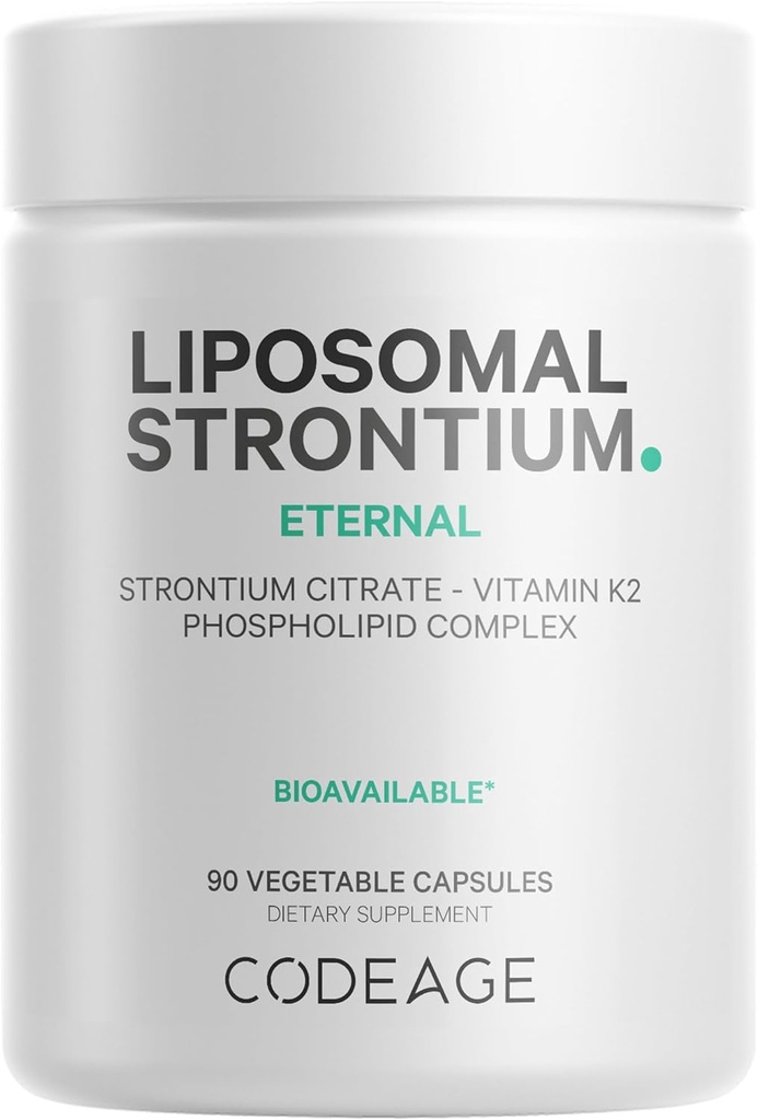 Codeage Supplément de strontium liposomique - Citrate de strontium, Vitamine K2 MK-7, Livraison liposomique, Non-OGM, Sans gluten - 90 capsules