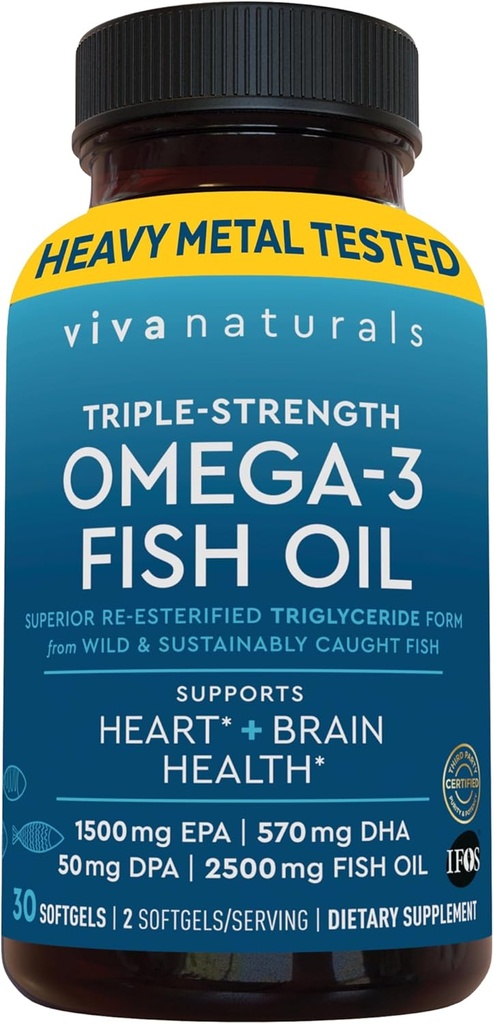Viva Naturals Omega-3 Huile de poisson, triple résistance, 2500 mg, 30 Softgels – Acides gras Omega 3 réestérifiés, y compris l'EPA, DHA, DPA - Pascatarien-Amis