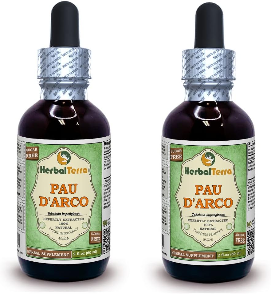 PAU d'arco (Tabebuia Impetiginosa) Glycerite, Dried Bark Alcohol-Free Liquid Extract (Brand Name: HerbalTerra, Proudly Made in USA) 2x2 fl.oz (2x60 ml)