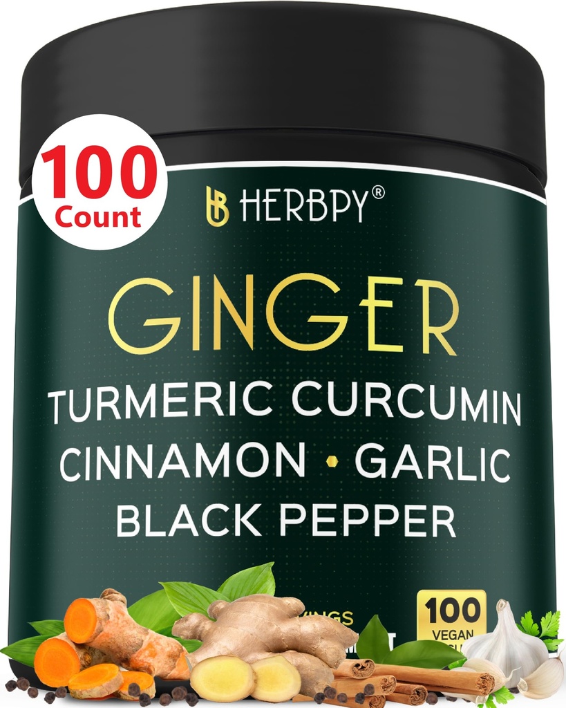 Suppléments gingembre et curcuma 5in1 avec cannelle Ceylan, ail - Digestion, immunologie, soutien au cerveau et à la santé cardiaque - 100 capsules végétaliennes