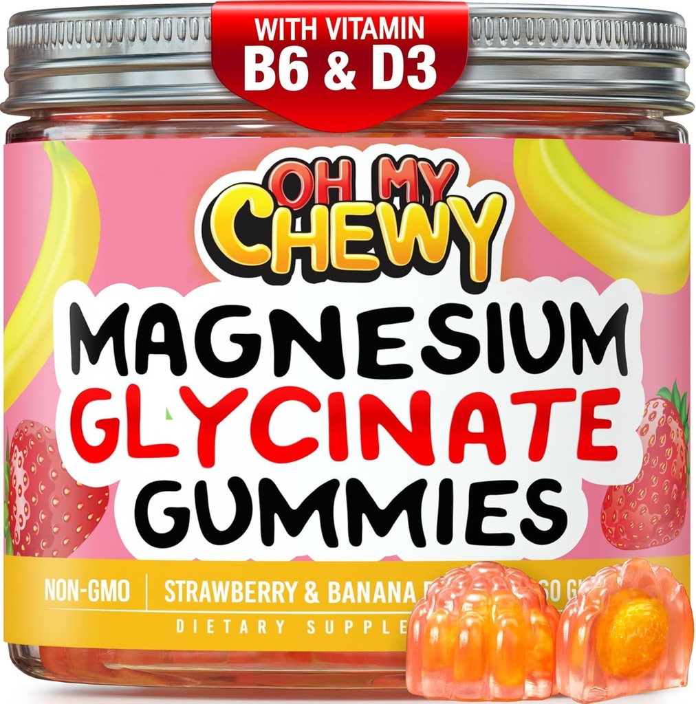 Gommies glycinées de magnésium au centre 400MG - Absorption élevée pour les enfants, les adolescents et les adultes - Supplément pour le sommeil, le calme et la relaxation musculaire avec B6 & D3 - Sans gluten et respectueux des végétaux - 120 Compte
