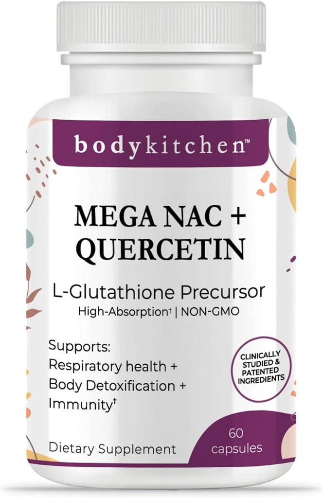 Cuisine corporelle Mega NAC (N-acétyl Cysteine) 600 mg avec Quercetin, soutient la santé respiratoire et la fonction immunitaire et favorise la désintoxication du foie et du rein, Veggie Caps, (paquet de 1)