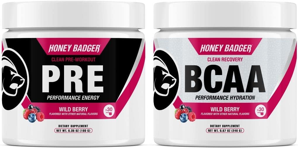Blaireau de miel pré-entraînement poudre et BCAA acides aminos poudre bundle de beta Alanine, caféine et vitamine C + électrolytes de végétal Kéto sans sucre et paléo pour les hommes et les femmes de 30 portions (Berry sauvage)