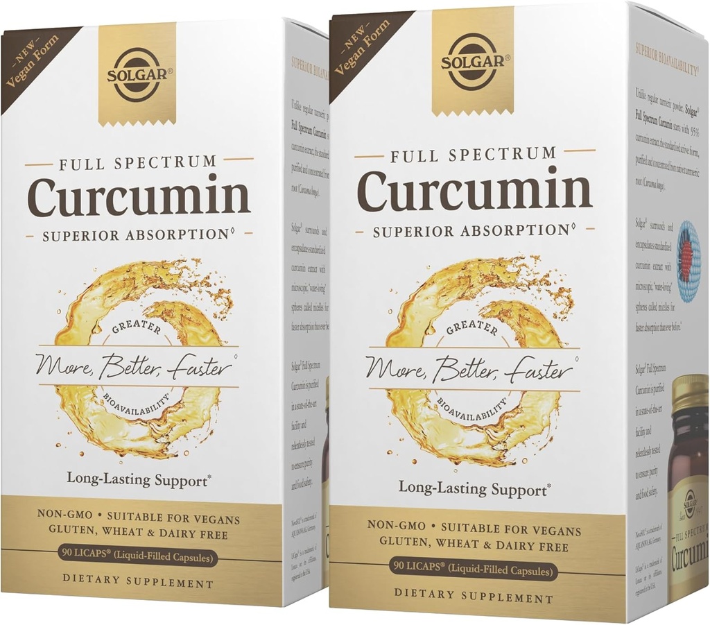 Solgar Curcumin plein spectre - 90 LiCaps, pack de 2 - Absorption supérieure - Santé cérébrale, articulaire et immunitaire - Non-OGM, végétalien, sans gluten, sans lait - 180 portions totales