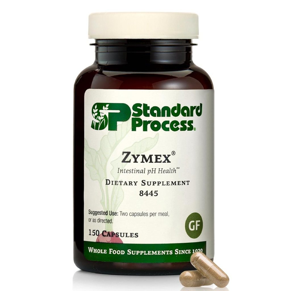Standard Process Zymex Capsules - Digestive Health Support - Supports Intestinal Health & Balanced pH - Gut Health Supplement with Rice Bran, Spanish Moss, Carrots & Beets - Non-Dairy - 150 Capsules