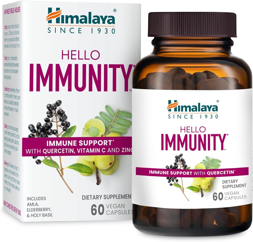 Himalaya Hello Immunity with Quercetin, 60 jours d'approvisionnement - supplément de soutien à base de plantes immunitaires, bioflavonoïde et antioxydant pour l'immunité et le bien-être quotidien - végétalien, non-OGM, sans gluten, 500 mg, 60 capsules