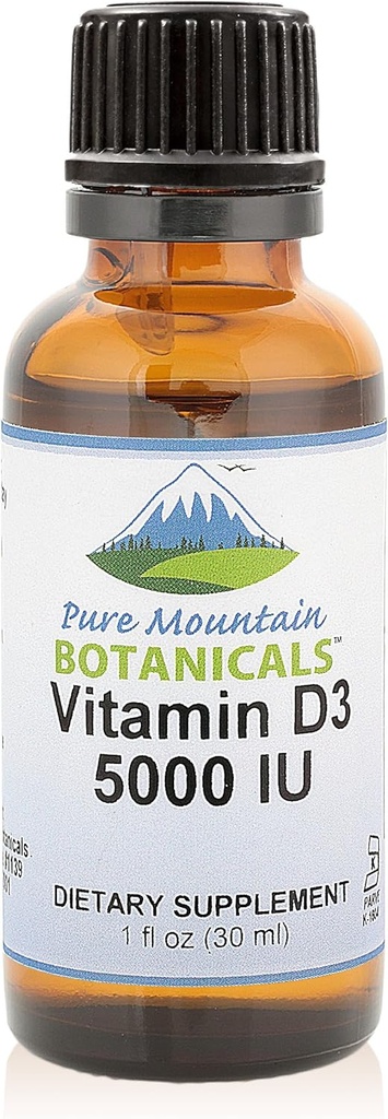 Pure Mountain Botanicals Liquid Vitamin D Drops - Unflavored Kosher D3 Liquid Drops in MCT Oil - 5000IU per Serving - 1oz Bottle