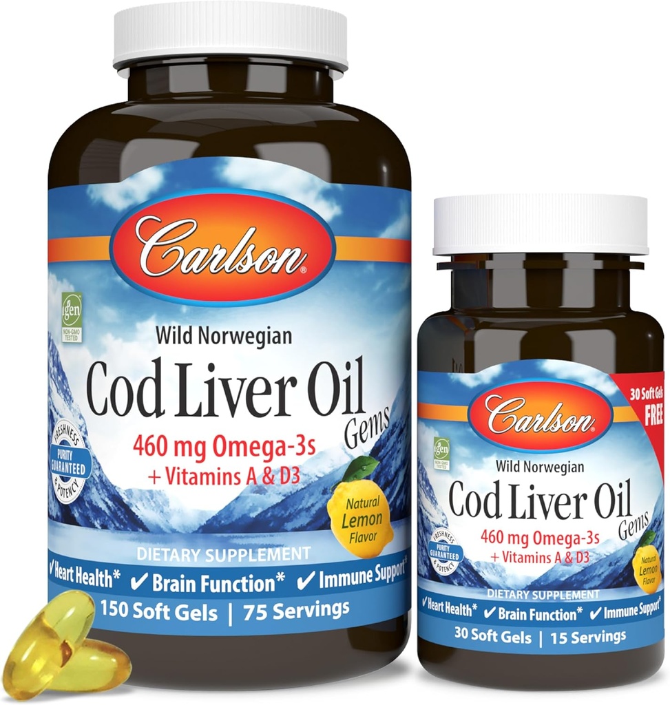 Carlson - Cod Liver Oil Gems, 460 mg Omega-3s + Vitamins A & D3, Wild-Caught Norwegian Arctic Cod Liver Oil, Sustainably Sourced Nordic Fish Oil Capsules, Lemon, 180 Softgels