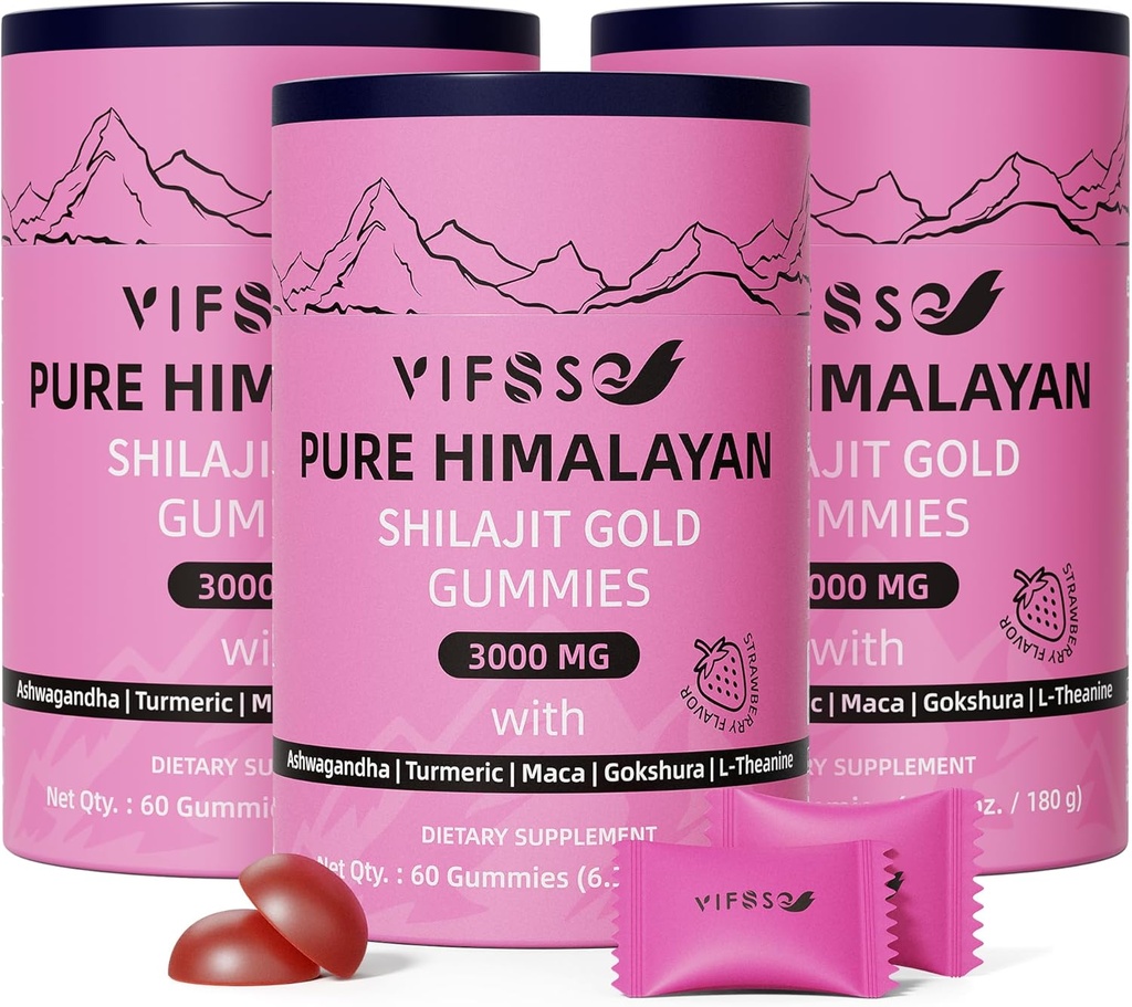 Gummies Shilajit, 3000 Mg Shilajit Pure Himalayan Organique avec Ashwagandha, Gummies sans sucre curcuma pour les hommes et les femmes, Supplément Shilajit, Shilajit nature non-OGM pour l'énergie, 180 Gummies