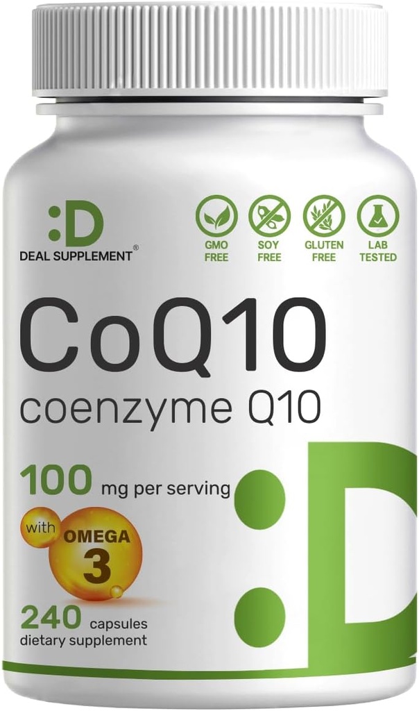 SUPPLÉMENT DE DEAL CoQ10 100mg avec Omega 3 100mg, 240 Capsules.