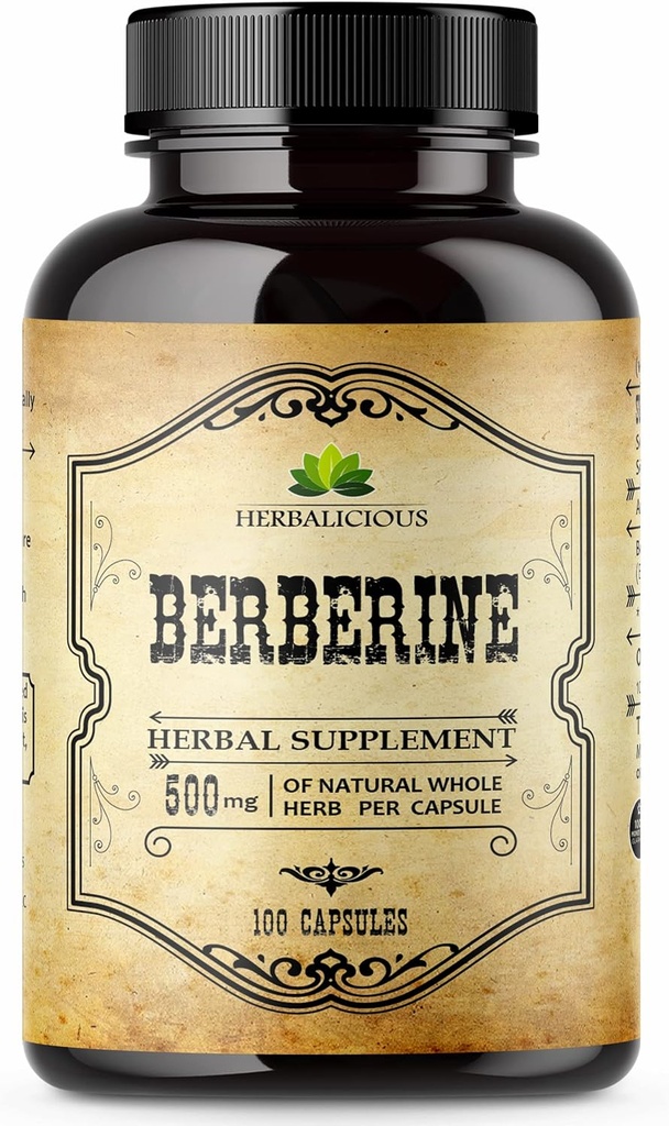 HERBALICIEUX Supplément berbère – 100 capsules Berberine HCL Supplément alimentaire pour hommes et femmes – Non OGM Berberine 500mg – Idéal pour le soutien immunitaire, le cœur, les niveaux de cholestérol