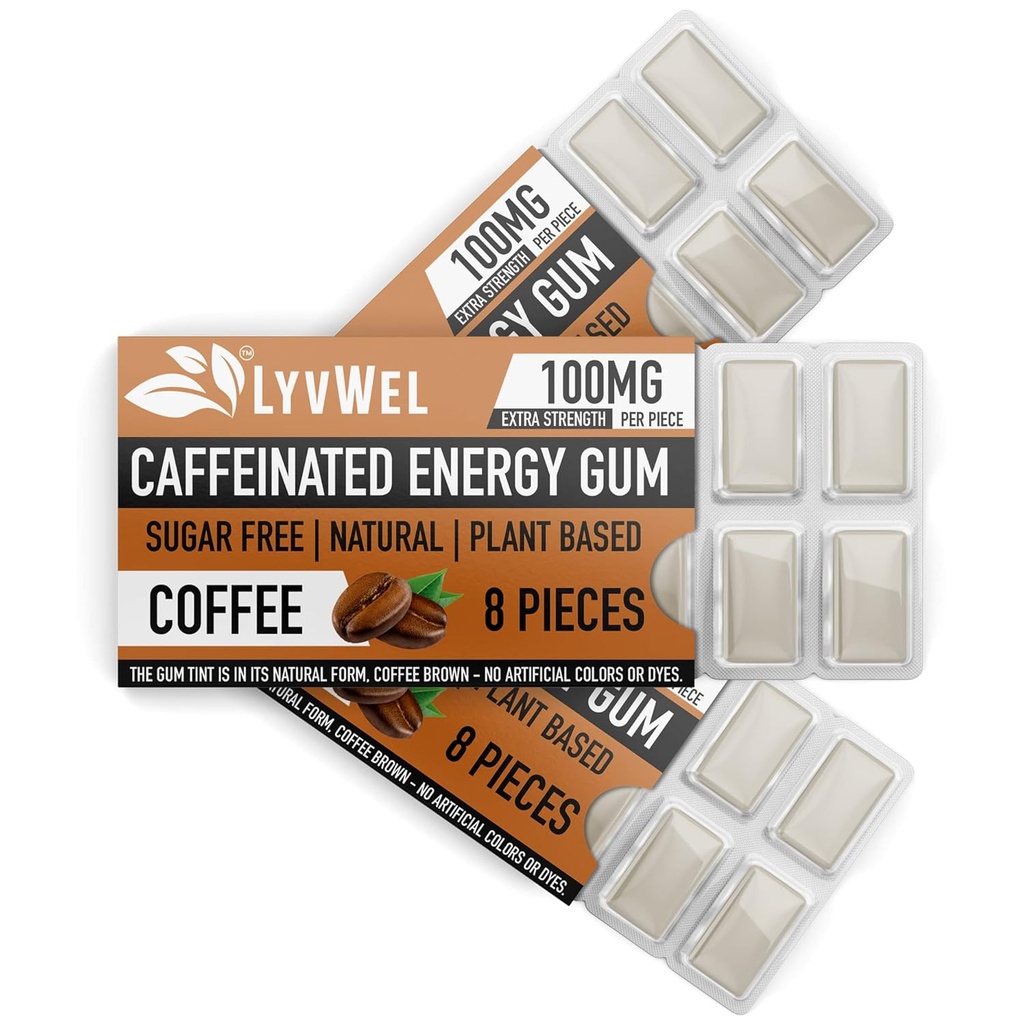LyvWel Energy Gum=100mg Caféine par gemme=Tout naturel=Stimulation de pré-entraînement sans sucre: votre supplément énergétique essentiel pour rester Réveillez-vous - 3 pack (café)