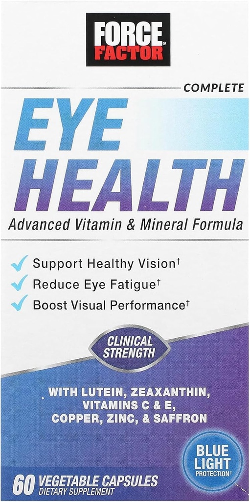 FORCE FACTOR Complete Eye Health, Clinical Strength Eye Vitamins with Lutein & Zeaxanthin to Support Vision, Eye Function, and Blue-Light Protection, Eye Health Supplements for Adults, 60 Capsules