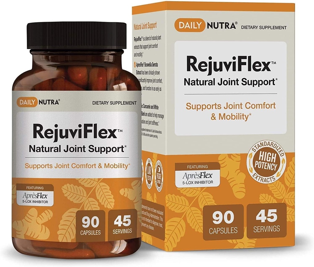 RejuviFlex - Supplément articulaire naturel avec/ApresFlex Boswellia AKBA, Curcumine curcumine, Piperine et barre de saule blanc - pour la fonction des mains, genou, santé articulaire globale (90 capsules)