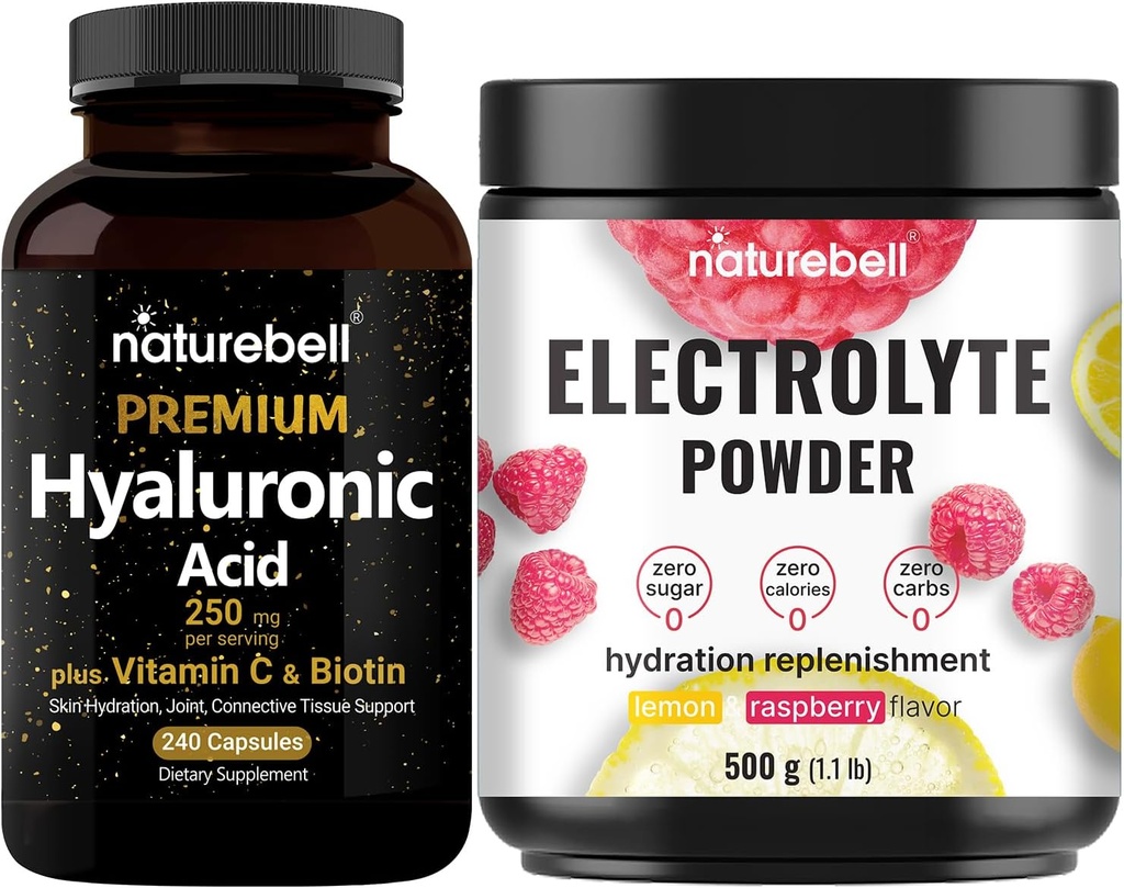 NatureBell Capsules d'acide hyaluronique avec Biotin + Vitamine C & Electrolyte Hydratation Powder Bundle Pack de produits de beauté Complete Beauty Care Complex