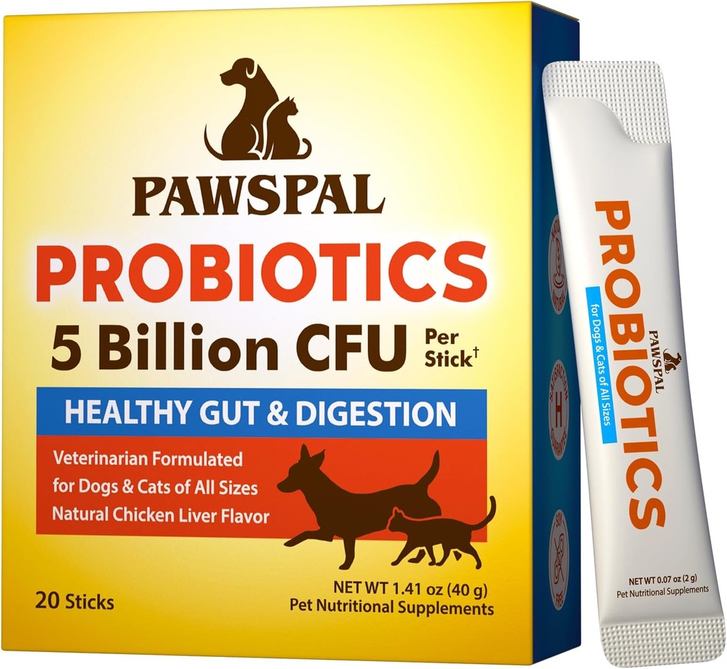 Probiotiques pour les chiens et les chats, 5 milliards UFC, Vétérinaire formulé, Digestion et santé immunitaire, Gut Flora Balance, Tous les Probiotiques naturels en poudre, Poulet foie saveur, 20 bâtons