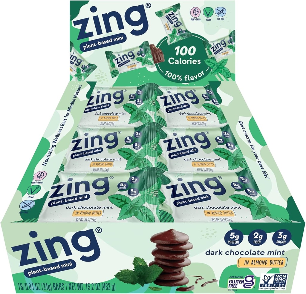 Zing barres de protéines de menthe de chocolat foncé pour enfants, sans gluten 100 barres de calories mini avec haute protéine, barres de nutrition végétalienne, protéines de plantes sans lait, casher, faible sucre, pas d'alcools de sucre-18 compte