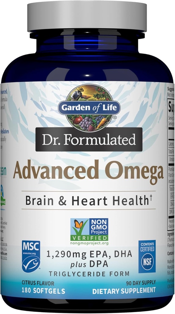 Garden of Life Dr. Formulé l'huile de poisson Omega avancée - Citron, 1,290mg EPA, DHA + DPA sous forme de triglycéride, supplément Omega 3 source unique pour la santé du cerveau et du coeur ultime, non-OGM, 180 Softgels