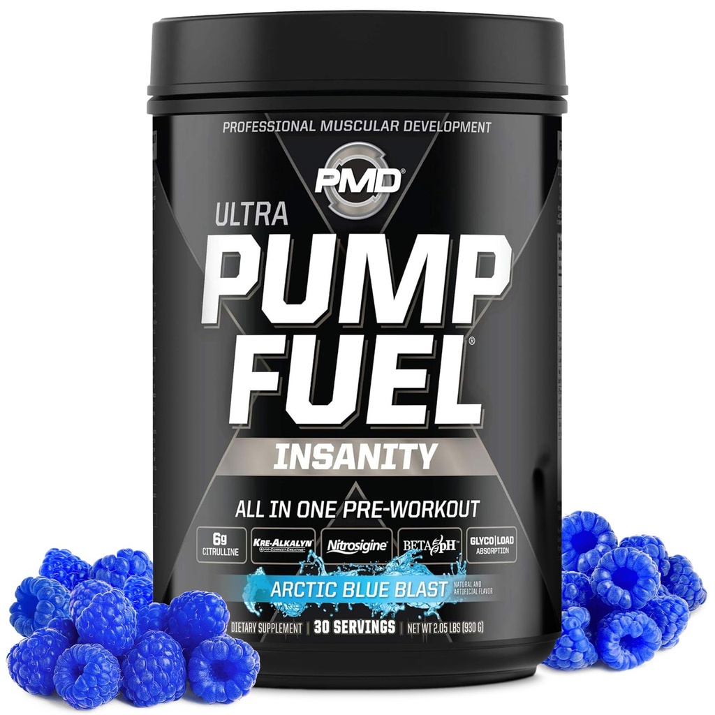 Pompe de sport PMD Combustible Ultra Insanité - Poudre de pré-entraînement Premium et Pompe musculaire, Plus grande concentration, Endurance et récupération, Créatine Premium, Arginine et Beta Alanine - Arctic Blue Blast (30 portions)