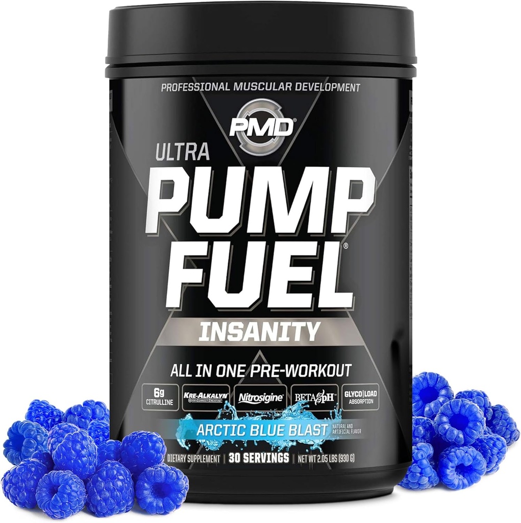 Pompe de sport PMD Combustible Ultra Insanité - Poudre de pré-entraînement Premium et Pompe musculaire, Plus grande concentration, Endurance et récupération, Créatine Premium, Arginine et Beta Alanine - Arctic Blue Blast (30 portions)