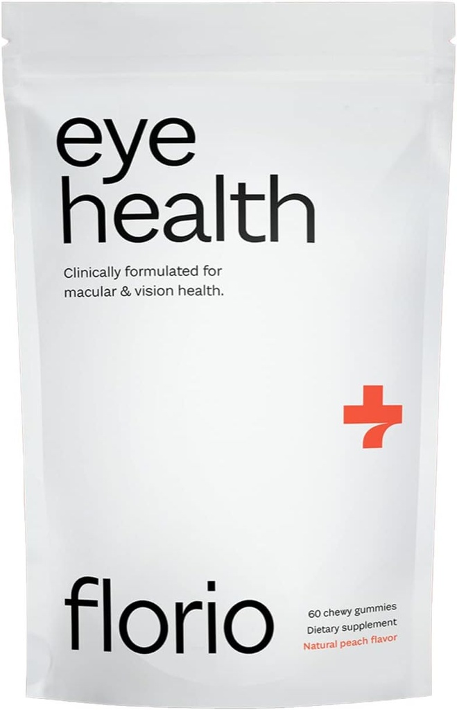 Florio Eye Health Vitamines pour adultes, 2X Lutéine et Zeaxanthin, Vitamines A, B2, B3, C & E, Préserver la santé maculaire et rétinienne, Lutte contre l'oxydation, 30 jours d'approvisionnement, Saveur naturelle de pêche