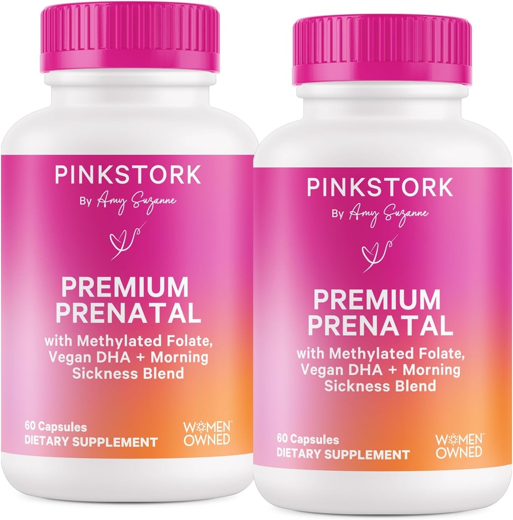 Pink Stork Premium Prenatal Vitamin for Women - Multivitamin & Probiotics - Morning Sickness, Digestion, & Energy - Folate, B6, & Iron - 60 Capsules - 2 Pack
