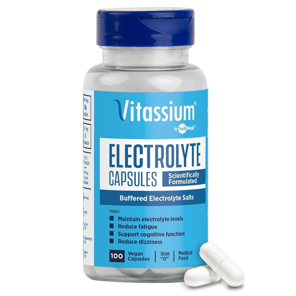 Capsules d'électrolyte de Vitassium, électrolytes pour la gestion de POTS et des régimes à haute teneur en sodium (500mg de sodium - 100mg de potassium), non aromatisé, 100 pilules de sel (taille 0)