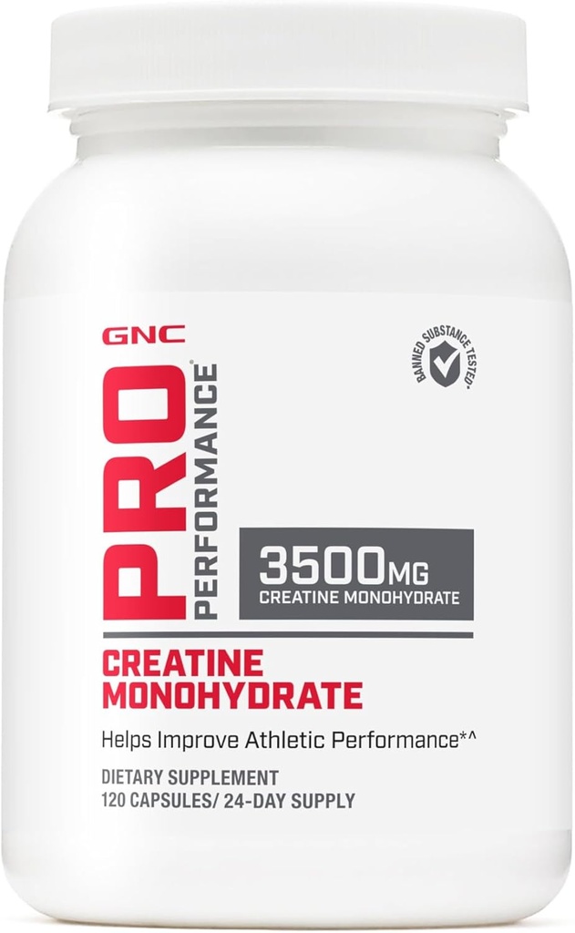GNC Pro Performance Monohydrate de créatine 3,5g Supplément, améliore la musculation, l'endurance et la performance, 120 capsules, 24 portions