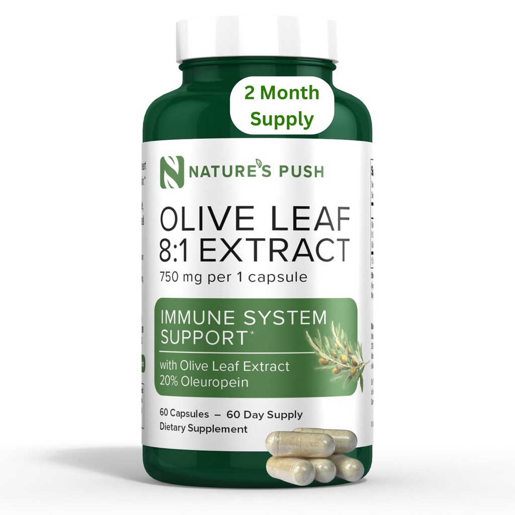 Nature's Push Super Potent Olive Leaf 8:1 Extrait 20% Oleuropein 750mg Capsule Système immunitaire, peau, et soutien de santé cardiaque Vegan Non-GMO USA cGMP Antioxydants sans gluten 60 Capsules 2 mois d'approvisionnement