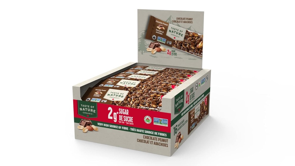 Goût de la nature - 2g d'arachides de chocolat au sucre biologique - Bar à snack et petit déjeuner à faible teneur en sucre, bar à haute teneur en fibres énergétiques - 16 Count Snack Pack