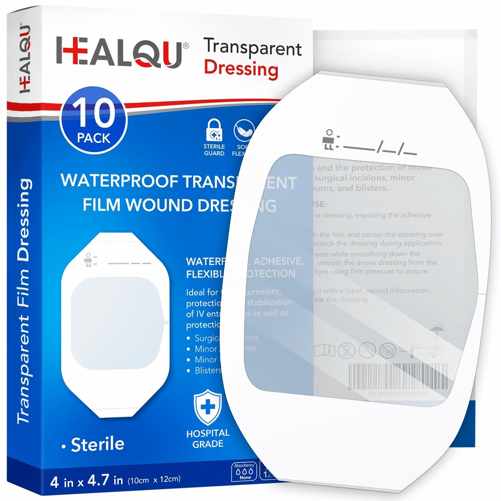 Dressing de film transparent 4" x 4.75" (10 Pack) - Bandes adhésives étanches pour douche post-chirurgicale, bouclier IV, soins post-tattoo, pinces respirantes claires par HEALQU