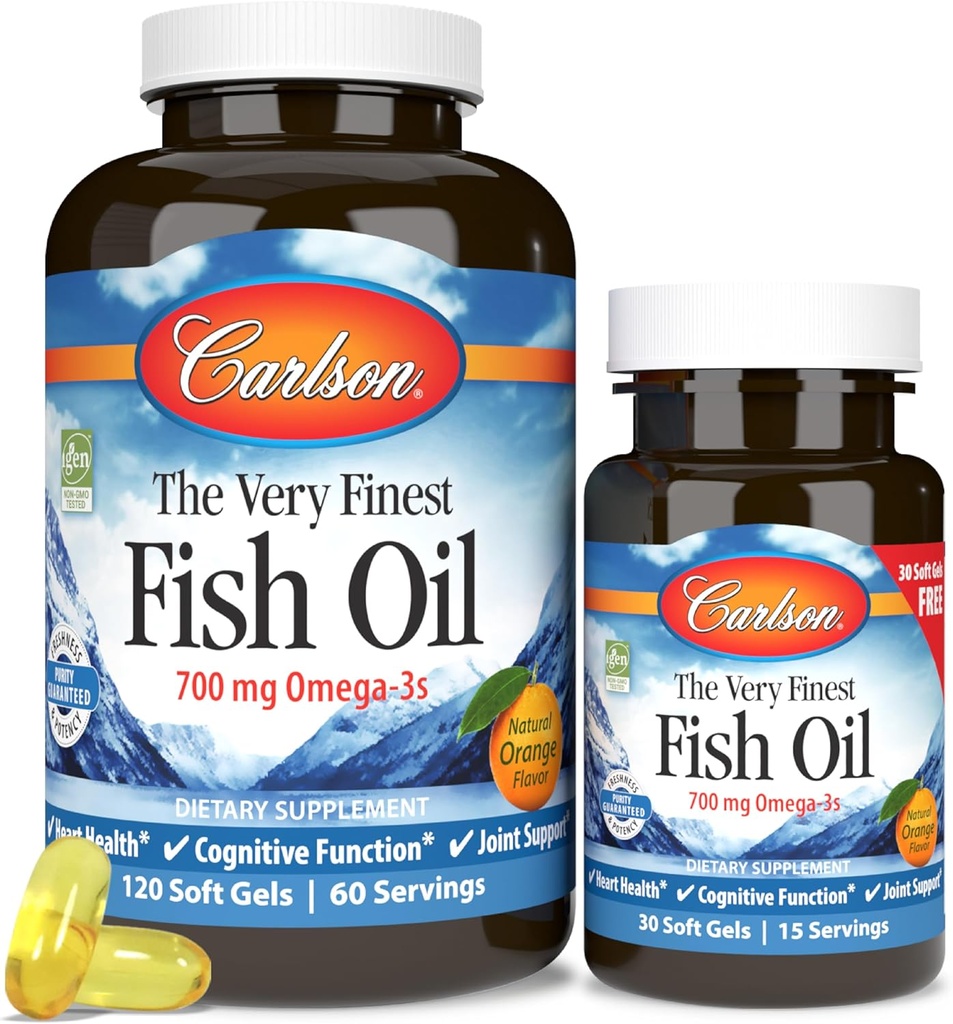 Carlson - L'huile de poisson la plus fine, 700 mg Omega-3s, Supplément d'huile de poisson norvégien, Huile de poisson Omega-3 prise sauvage, Capsules d'huile de poisson à source durable, Supplément Omega-3, Orange, 120+30 Softgels