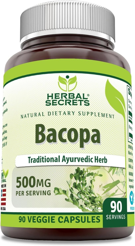 Secrets à base de plantes Bacopa Poudre 500 Mg 90 Gélules Suppléments de capsules Véggies