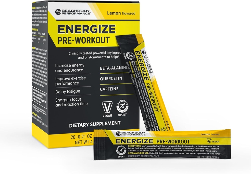 BODi Energize Pre Workout Powder - Beta-Alanine, Quercetin et formule de caféine à faible teneur en sodium pour l'énergie et la concentration accrues, augmenter le supplément d'énergie et d'endurance, Lemon Aromatisé, 20 bâtons