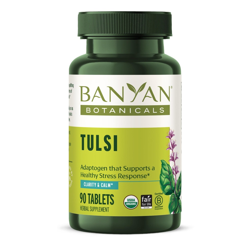 Banyan Botanicals Tulsi (Saint-Basile) – Adaptogène d'élévation – Supplément de santé pulmonaire et respiratoire biologique* – 90 comprimés – Vegan non issu d'OGM