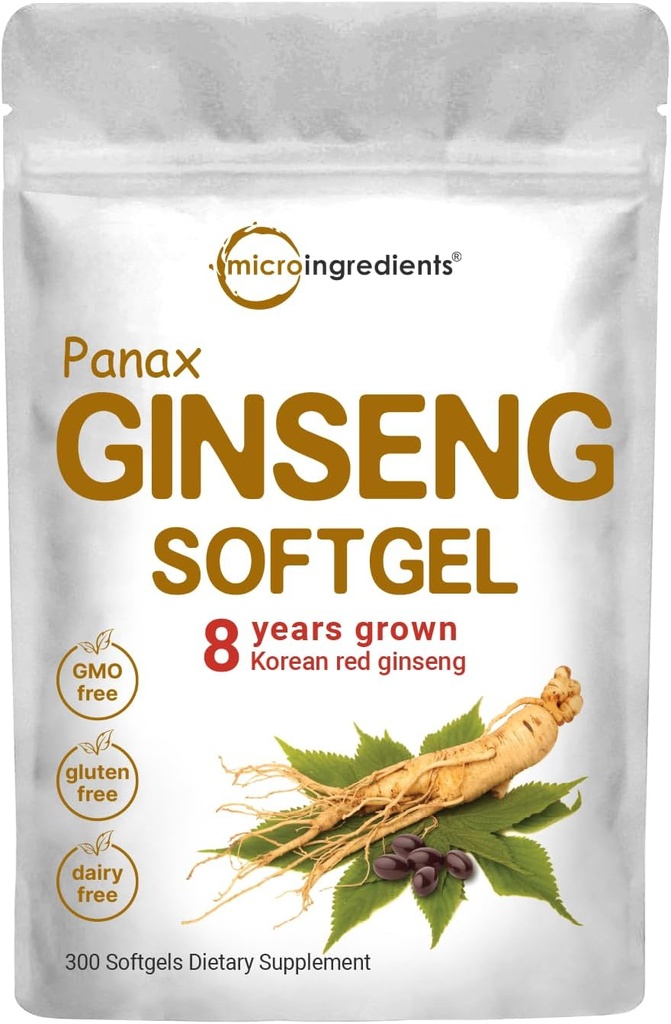Micro Ingrédients Supplément Ginseng Panax Rouge 6 000mg par portion, 300 Softgels , Extrait de racine Ginseng Coréen à haute puissance avec Ginsenosides actifs , soutient l'énergie et la santé immunitaire , non-OGM