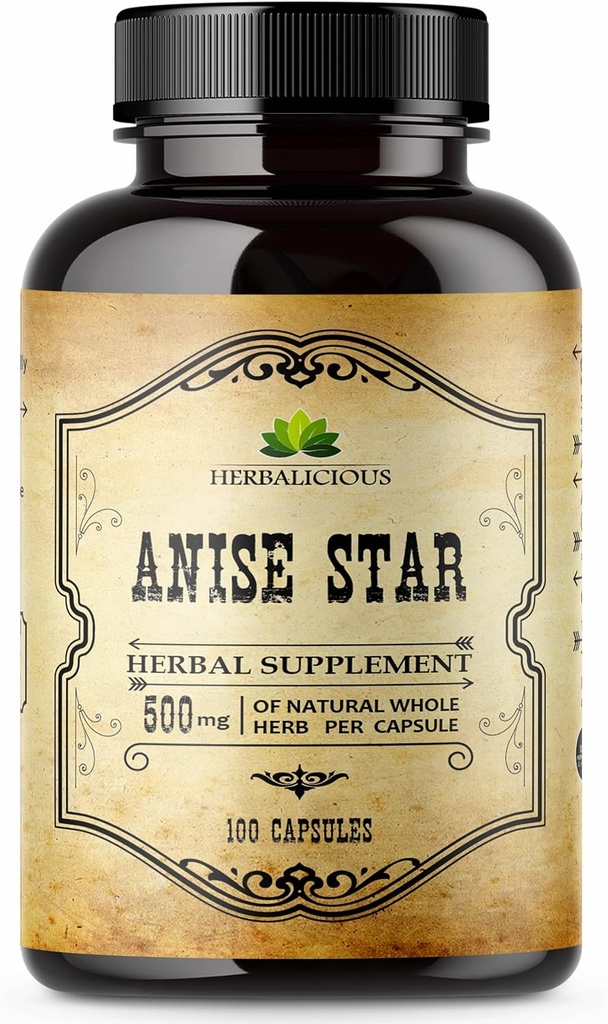 Supplément alimentaire HERBALICIOUS Star Anise – 100 capsules Extrait d'anis pour les hommes et les femmes – naturel 1000mg Formule puissante avec aucun remplissage, conservateurs – Immune force, riche en antioxydants