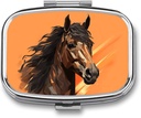 Pill Box 2 Compartiment Médecine Pill Case Orange Background with Horse Head Imprimé Pill Box Portable Travel Pill Organizer for Pocket Purse Daily Medicine Vitamine Box Fish Oil Box Complement Box