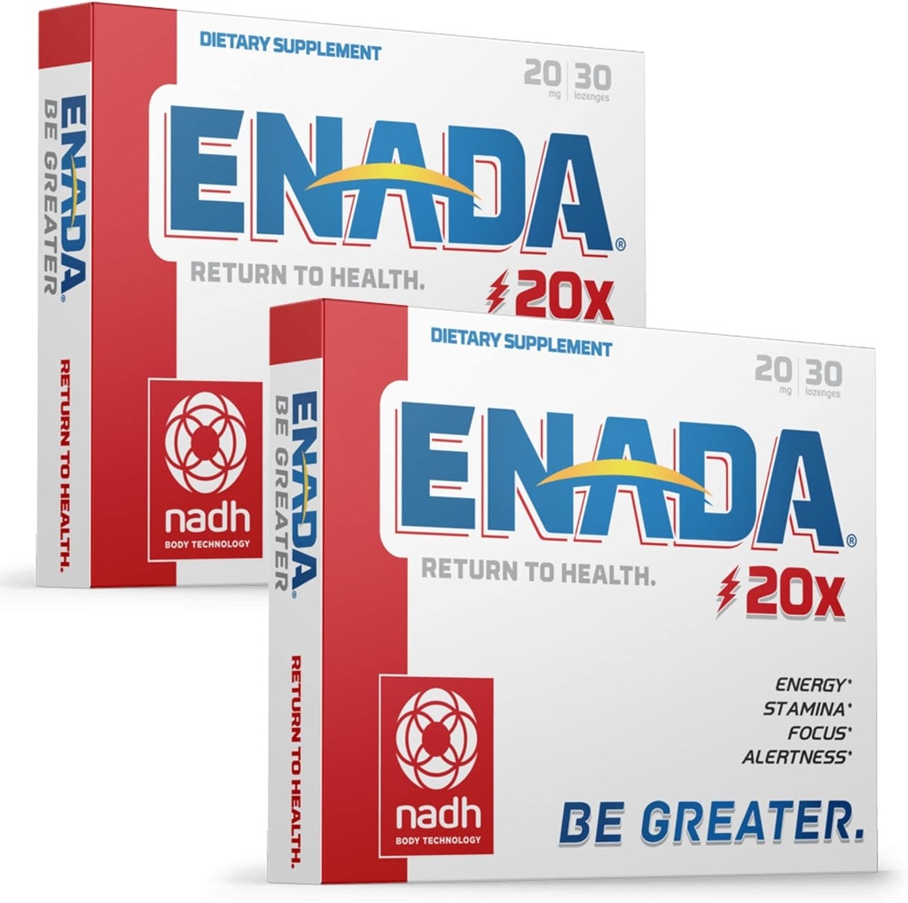 ENADA 20X 20mg Supplément NADH: Boost Energy, Mental Focus, Stamina, Support Fatigue, Régénérateur cellulaire, Augmente la capacité d'oxygène.