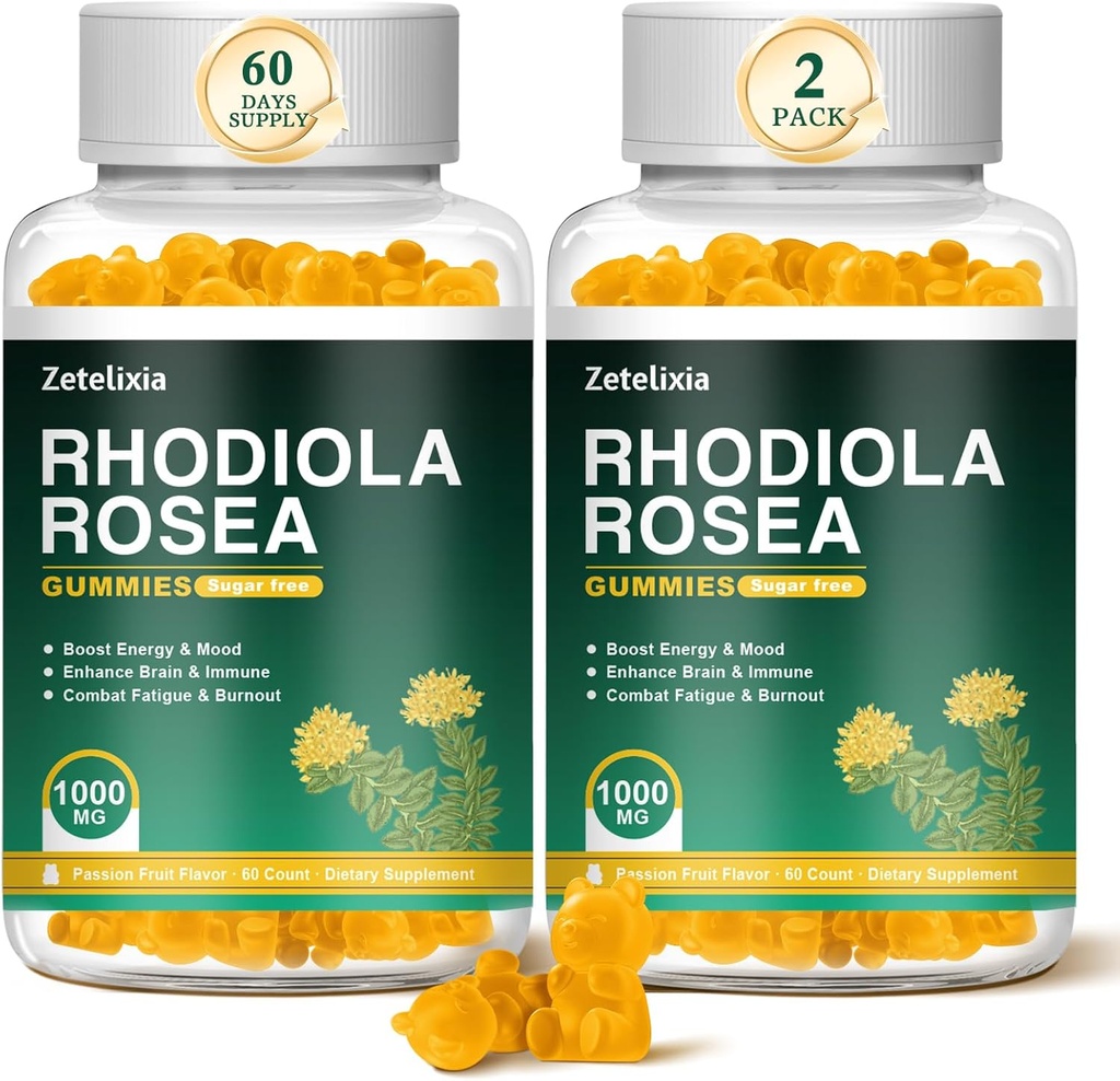 2 Pack sans sucre Rhodiola Rosea Gummies 1000mg, Supplément Rhodiola Rosea pour les femmes et les hommes, Support Endurance, Mood & Energy, Non-OGM, Vegan, 120 Comte
