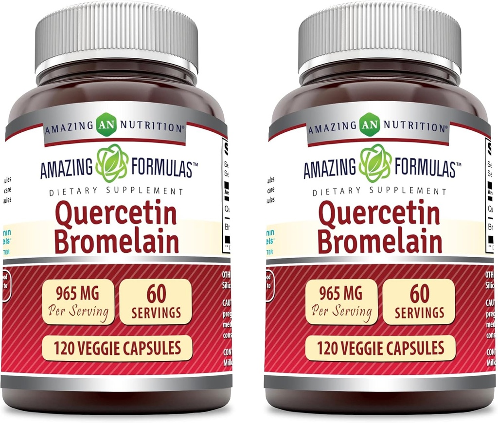 Formules étonnantes Quercetin 800mg avec Bromelain 165mg, 120 Capsules de Veggie Supplément (Pack de 2) - Non-OGM - Sans gluten - Soutient la santé globale et bien-être