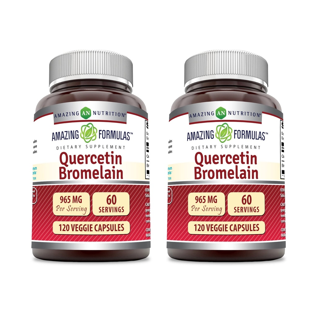 Formules étonnantes Quercetin 800mg avec Bromelain 165mg, 120 Capsules de Veggie Supplément (Pack de 2) - Non-OGM - Sans gluten - Soutient la santé globale et bien-être