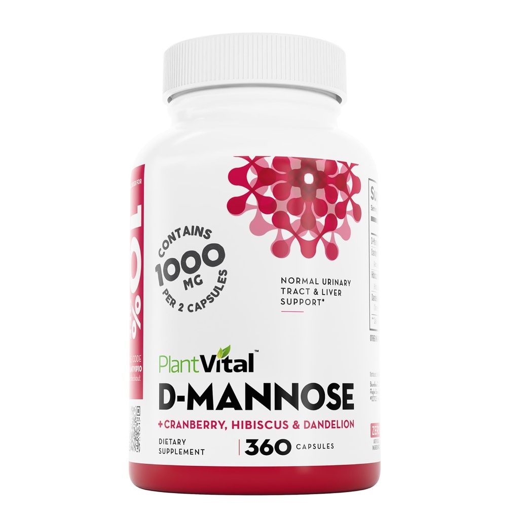 Capsules de mannose D Plantvital avec canneberge - D-mannose Capsules de 1000mg - Haute puissance pour le soutien de la vésicule, du rein et du trac urinaire. Poudre de canneberge avec Hibiscus et Dandelion. 6 mois