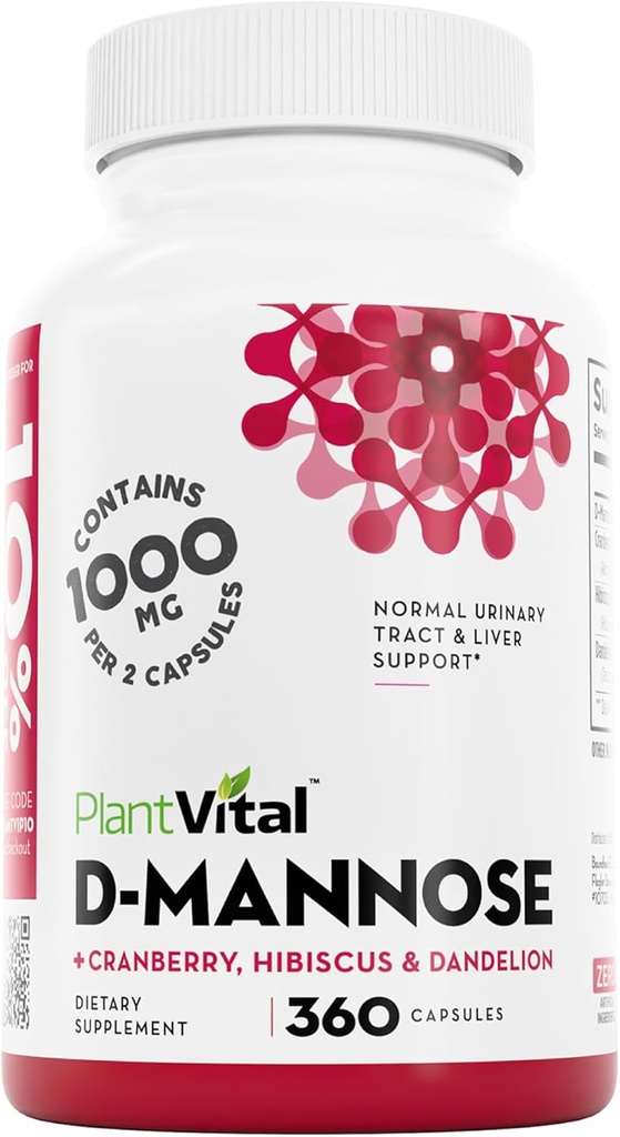 Capsules de mannose D Plantvital avec canneberge - D-mannose Capsules de 1000mg - Haute puissance pour le soutien de la vésicule, du rein et du trac urinaire. Poudre de canneberge avec Hibiscus et Dandelion. 6 mois