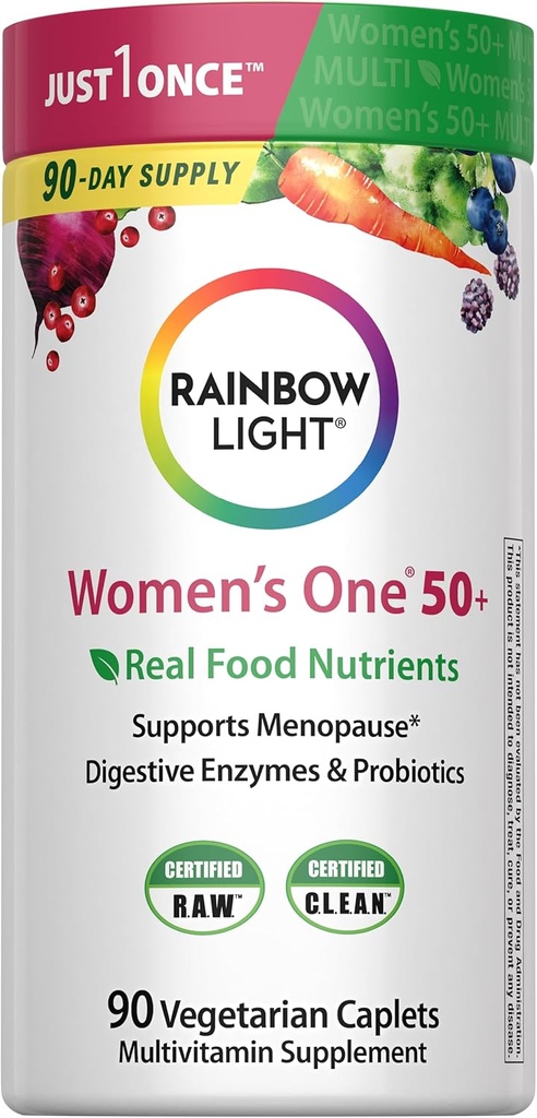 Multivitamine de lumière arc-en-ciel pour les femmes 50+, Vitamine C, D & Zinc, Probiotiques, Women's One 50+ Multivitamine fournit un soutien immunitaire à haut potentiel, non-OGM, végétarien, 90 comprimés
