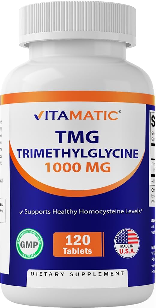 Suppléments Vitamatic TMG 1000mg - Triméthylglycine - Bétaine Anhydre - 120 comprimés - 120 portions - Sans OGM et sans gluten