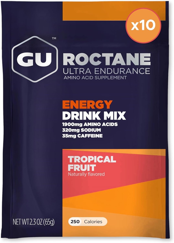GU Energy Roctane Ultra Endurance Energy Drink Mix, végétalien, sans gluten, casher, 35mg de caféine, et sans lait n-the-Go énergie pour n'importe quelle séance d'entraînement, 10 paquets à un seul usage, fruits tropicaux