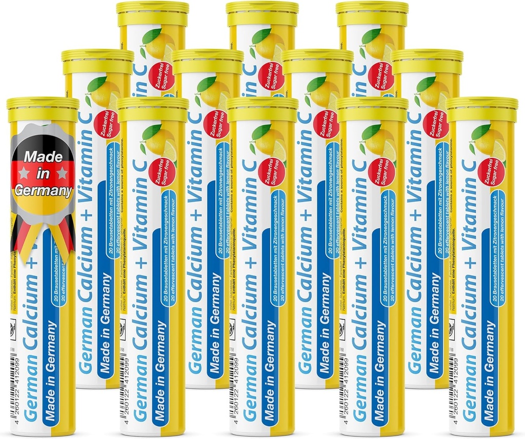 Calcium allemand + VIT. C - 240 Végétaliens comprimés effervescents - Lime citron - Fabriqué en Allemagne