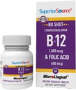 Superior Source No Shot Vitamine B-12 Cyanocobalamine 1000 mcg et acide folique 400 mcg - Offre énergie, coeur, cerveau et soutien au stress - 60 comprimés de dissolution sublingual