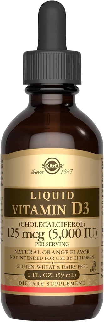 Solgar Vitamine liquide D3 125 mcg (5 000 UI), 2 fl oz - Delicious, Natural Orange Saveur - Aide à maintenir des os et des dents sains - Système immunitaire Support - Sans gluten, sans lait, sans casher - 59 portions